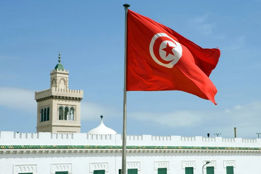 Tunesien entdecken: Aktuelle Trends, Sehenswürdigkeiten und kulinarische Highlights 16 Ihr seht die rote Flagge von Tunesien mit Halbmond und Stern vor einer Moschee mit Minarett und weißer Architektur.