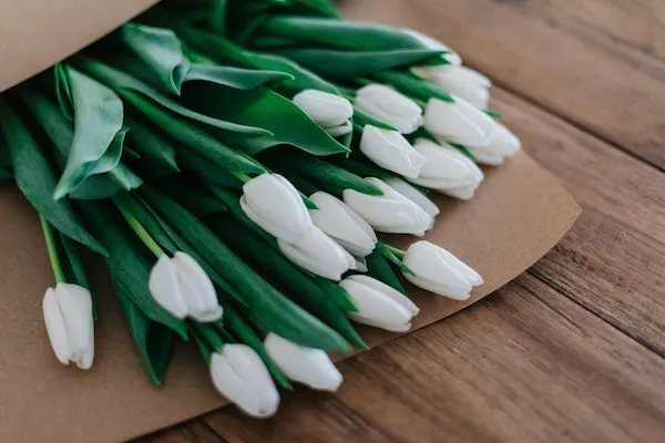 Ein Strauß weißer Tulpen liegt in braunes Packpapier gewickelt auf einem Holztisch.