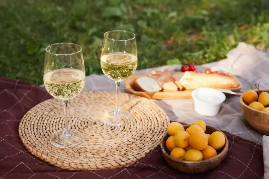 Zwei Gläser Weißwein auf einer Picknickdecke mit Aprikosen, Brot und Käse im Grünen