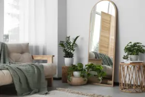 Wohnzimmer-Ecke mit Sofa, Pflanzen, Beistelltisch und großem, bodentiefem Spiegel, der die Einrichtung und das Fenster reflektiert.