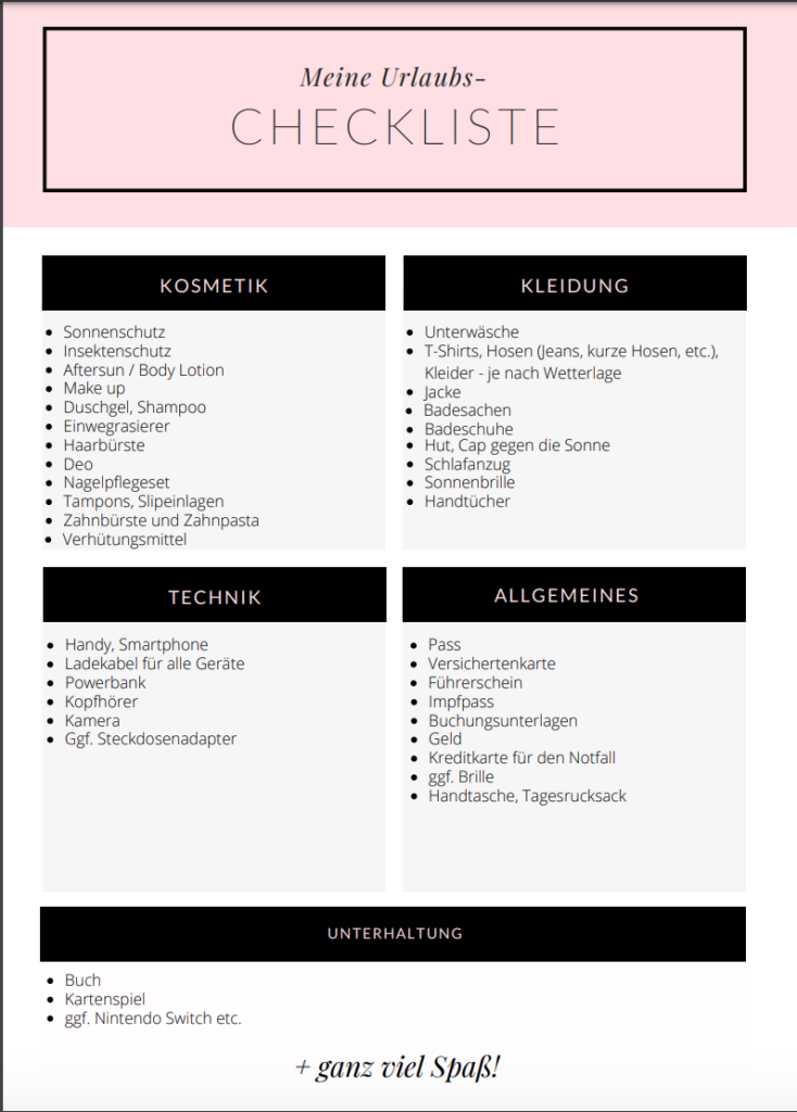Urlaubs-Checkliste von Rabattcoupons zum Download
