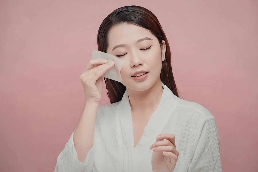 Zero Waste im Alltag - 5 einfache Tipps für's Badezimmer 5 Person entfernt Make-up mit einem wiederverwendbaren Abschminkpad vor rosafarbenem Hintergrund.