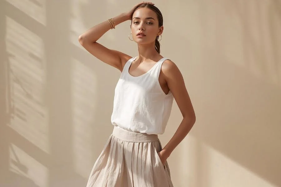 Welche Sommer-Looks 2026 stehen euch? Elegant, feminin, modern oder jung? 1 Ihr seht eine Frau in einem minimalistischen Outfit mit weißem Top und beigem Rock, die in einem hellen Raum posiert.