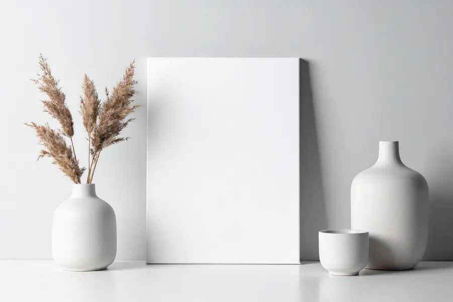 Minimalist still life with a blank white canvas, white ceramic vases, a small cup, and dried pampas grass against a neutral wall.