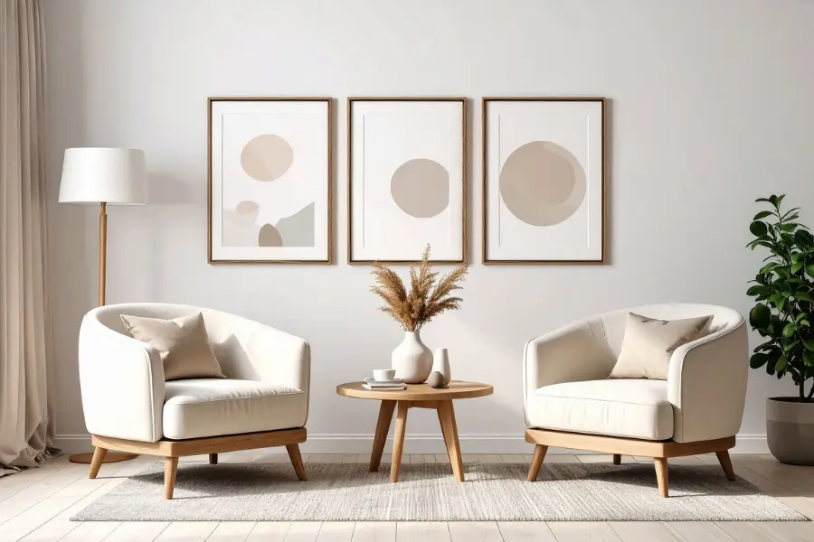 Minimalist living room with two white armchairs, a round wooden table, abstract wall art, a floor lamp, and a potted plant.