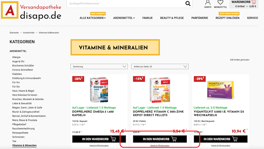 Wenn ihr euer Produkt gefunden habt, fügt es in euren Einkaufskorb hinzu