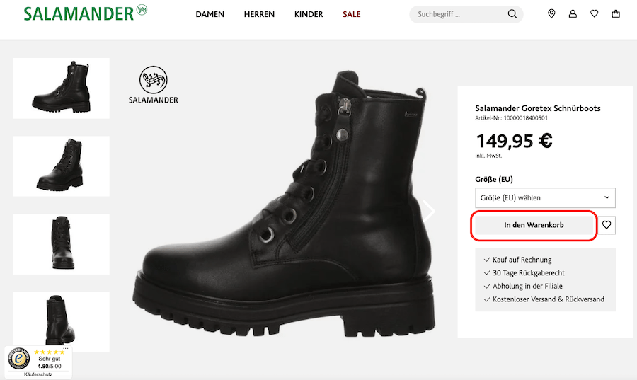 Sobald ihr ein Produkt in den Warenkorb legt, könnt ihr den Salamander Gutschein einlösen.