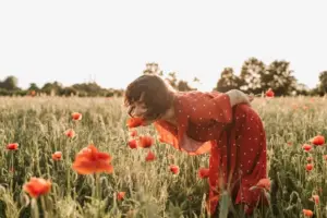 Frau im roten Kleid beugt sich in einem Mohnfeld und riecht an einer roten Blume bei Sonnenuntergang