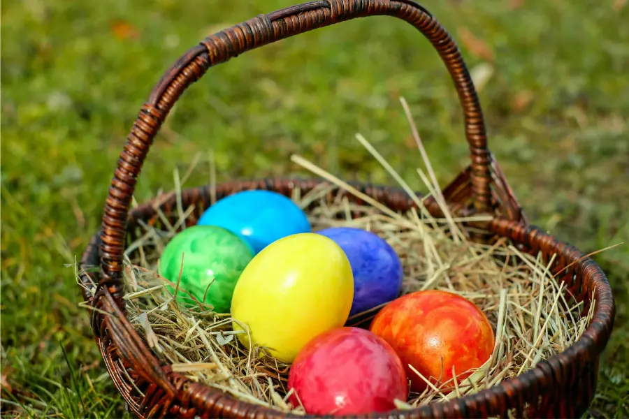 Angesteckt? Dann schaut jetzt bei Rossmann vorbei. Bunter Osterkorb mit fünf farbig gefärbten Ostereiern auf Heu im Grünen.