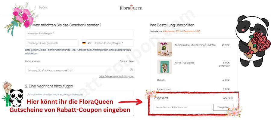 Screenshot wo der Gutscheincode von Floraqueen Gutschein im Warenkorb eingelöst werden kann