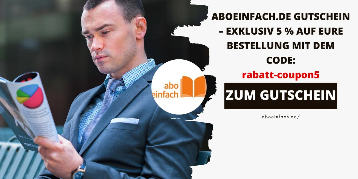 Geschäftsmann liest konzentriert eine Zeitschrift – humorvolle Werbegrafik für einen aboeinfach.de Gutschein mit Code rabatt-coupon5.