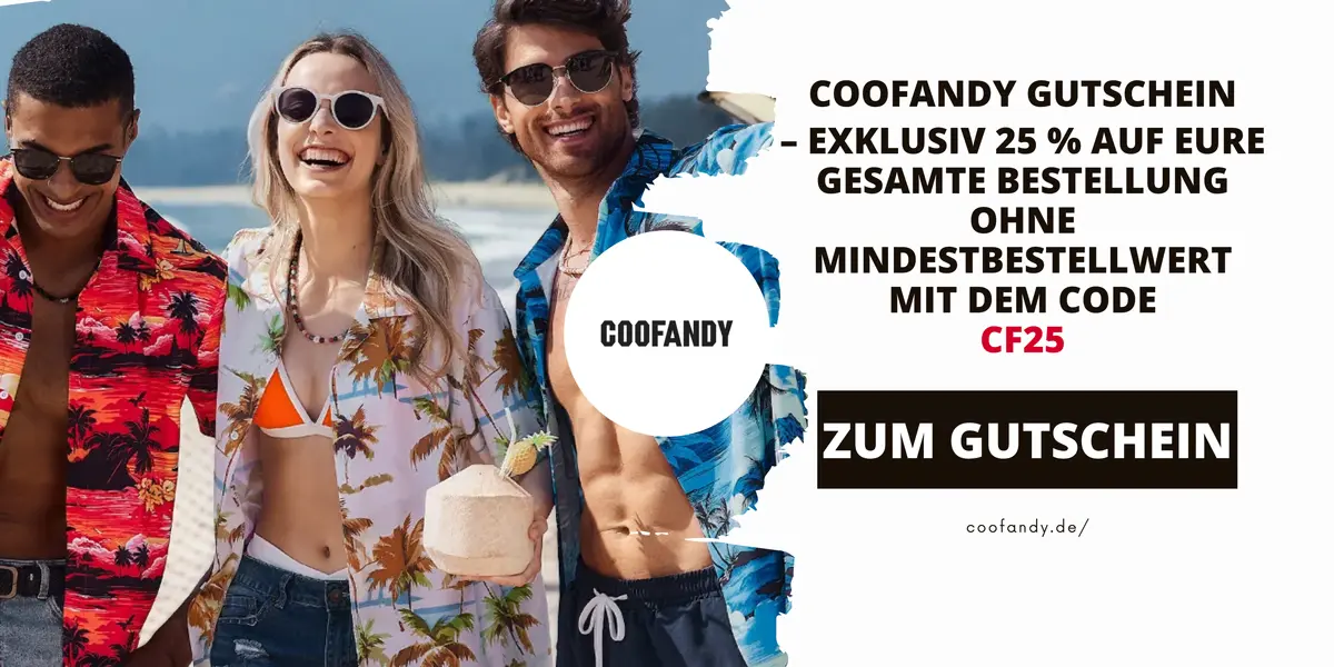 Drei Personen in sommerlicher Kleidung und Sonnenbrillen am Strand. Die Grafik zeigt den COOFANDY Gutschein mit 25 % Rabatt auf die gesamte Bestellung ohne Mindestbestellwert und dem Gutscheincode CF25.