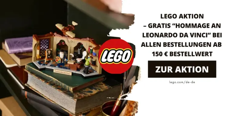 LEGO®-Modell „Hommage an Leonardo da Vinci“ auf einem Bücherstapel. Die Grafik bewirbt eine LEGO Aktion, bei der das Set ab einem Bestellwert von 150 € kostenlos erhältlich ist.