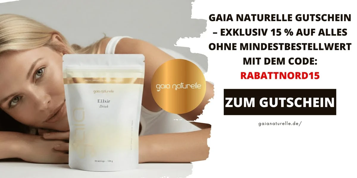 Frau liegt neben einem Produkt von Gaia Naturelle – Werbebild für einen Gutschein mit Code RABATTNORD15 und 15 % Rabatt.