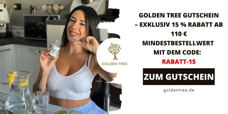 Werbegrafik von Golden Tree mit einer Frau, die ein Nahrungsergänzungsmittel in der Hand hält. Die Aktion bewirbt 15 % Rabatt ab 110 € Mindestbestellwert mit dem Gutscheincode RABATT-15.