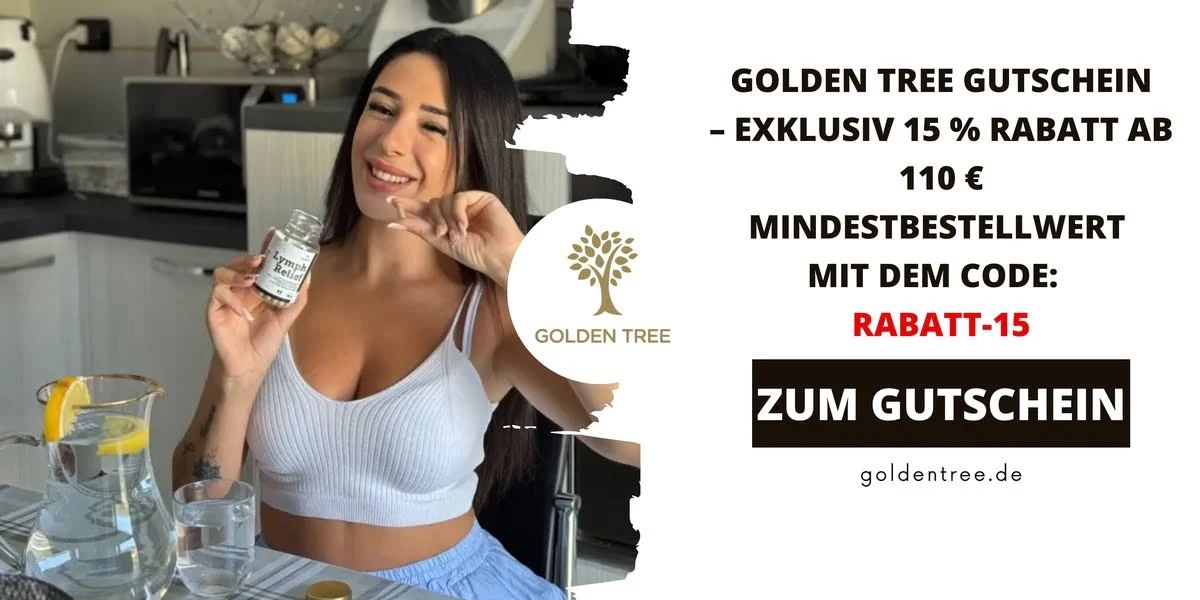 Werbegrafik von Golden Tree mit einer Frau, die ein Nahrungsergänzungsmittel in der Hand hält. Die Aktion bewirbt 15 % Rabatt ab 110 € Mindestbestellwert mit dem Gutscheincode RABATT-15.