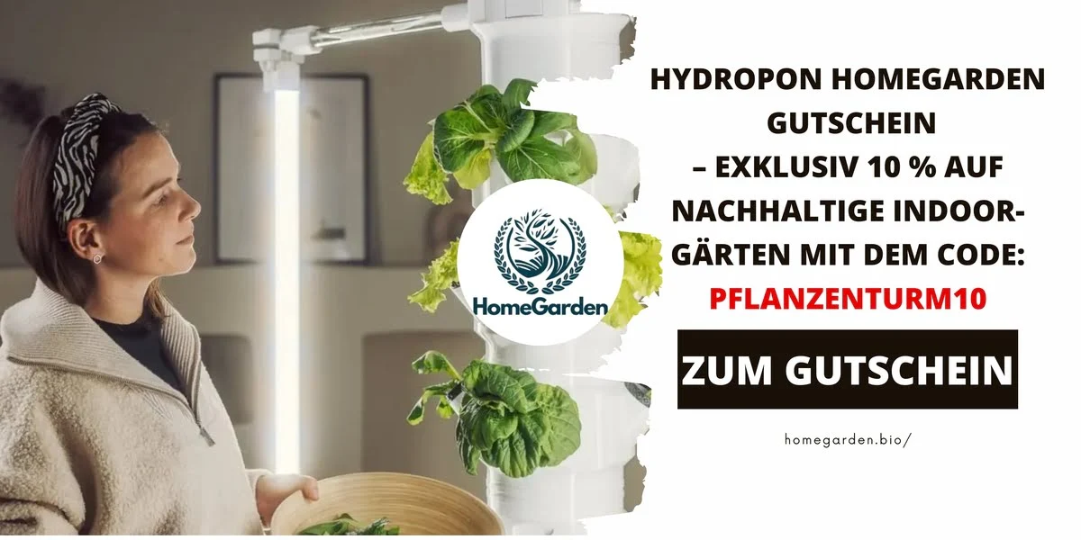 Frau betrachtet ein modernes Hydroponik-System mit frischem Salat – humorvolle Gutschein-Grafik für Hydropon Homegarden mit dem Code PFLANZENTURM10.