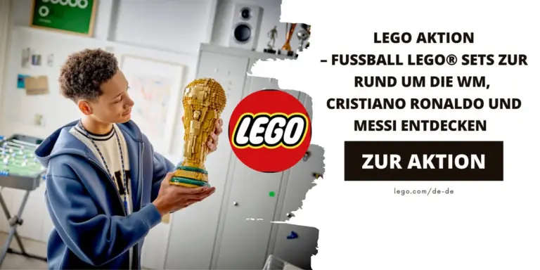 Jugendlicher hält einen LEGO Fußball-WM-Pokal in den Händen – kreative Werbegrafik zu LEGO Fußball-Sets rund um Ronaldo und Messi.