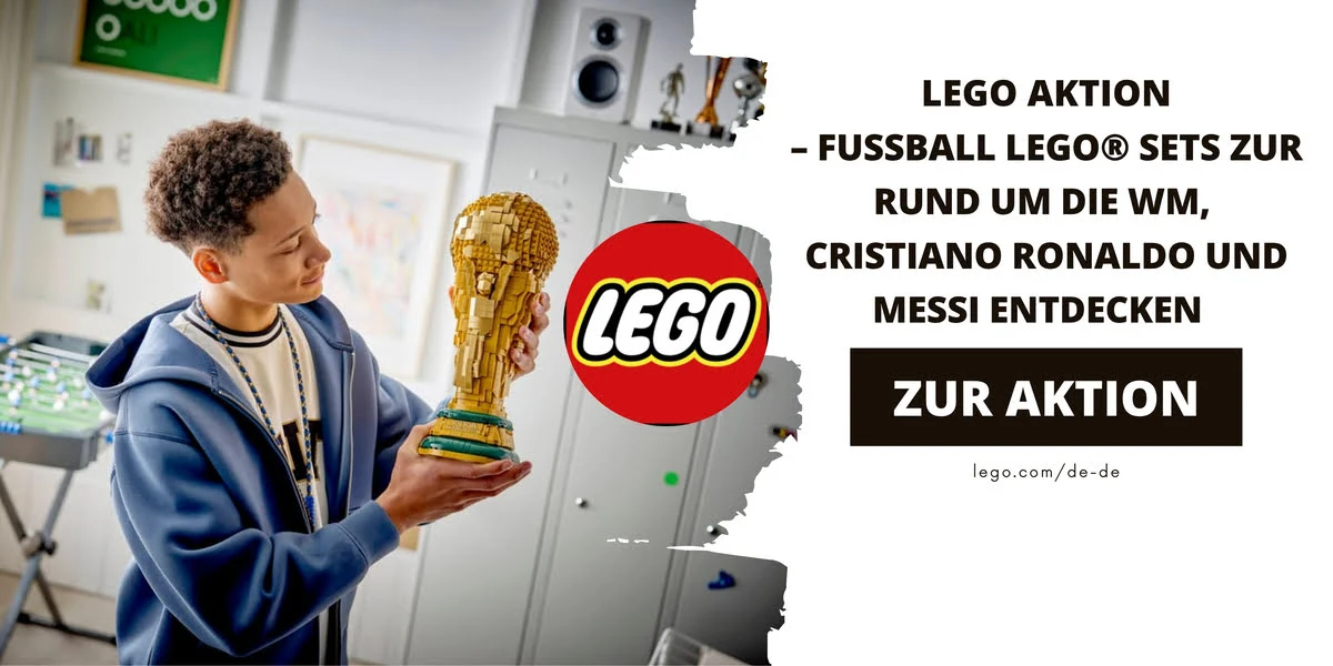 Jugendlicher hält einen LEGO Fußball-WM-Pokal in den Händen – kreative Werbegrafik zu LEGO Fußball-Sets rund um Ronaldo und Messi.
