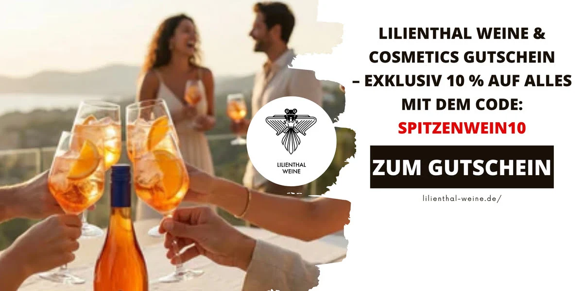 Mehrere Personen stoßen mit Weingläsern bei Sonnenuntergang an – humorvolle Werbegrafik für einen Lilienthal Weine & Cosmetics Gutschein mit Code SPITZENWEIN10.