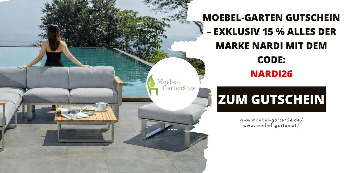 Frau sitzt entspannt auf einer modernen Gartenlounge von Moebel-Garten24.de neben einem Pool mit Blick ins Grüne, beworben wird ein 15 % Gutschein auf NARDI-Möbel.