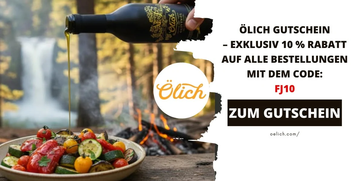 Olivenöl wird über gegrilltes Gemüse im Freien gegossen – Werbebild für einen Ölich Gutschein mit 10 % Rabatt.