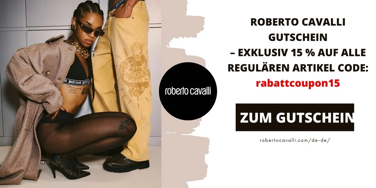 Zwei Models präsentieren stilvolle Roberto Cavalli Mode. Die Frau trägt einen Mantel über einem schwarzen Bralette und Strumpfhose, der Mann zeigt eine gelbe Hose mit kunstvollem Motiv.