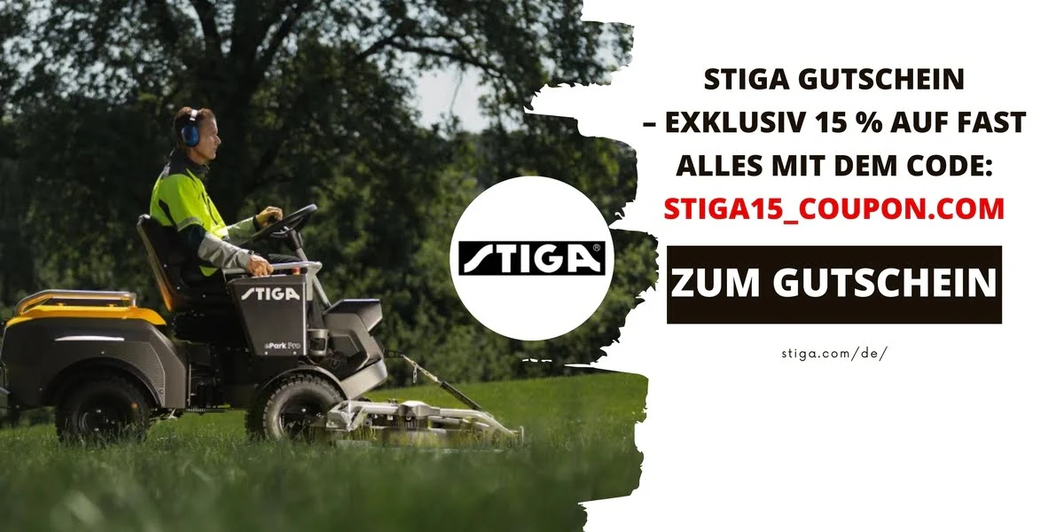 Person fährt einen STIGA Aufsitzrasenmäher auf einer Wiese – Werbebild für einen STIGA Gutschein mit Code STIGA15_COUPON.COM