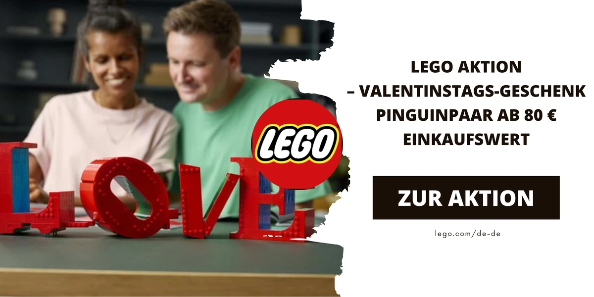 LEGO Valentinstags-Aktion mit Paar, das rote LEGO LOVE-Buchstaben betrachtet, daneben das LEGO Logo