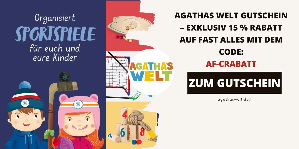Agathas Welt Gutschein mit 15 % Rabattcode AF-CRABATT, daneben Illustrationen von Kinderspielen und Sportspielzeug.