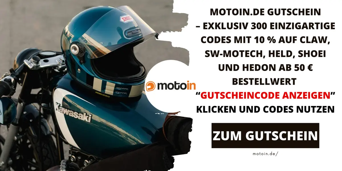 Motoin.de Gutschein mit Motorrad und Helm – 10 % Rabatt auf CLAW, SW-Motech, Held, Shoei und Hedon ab 50 € Bestellwert mit einem von 300 exklusiven Gutscheincodes.