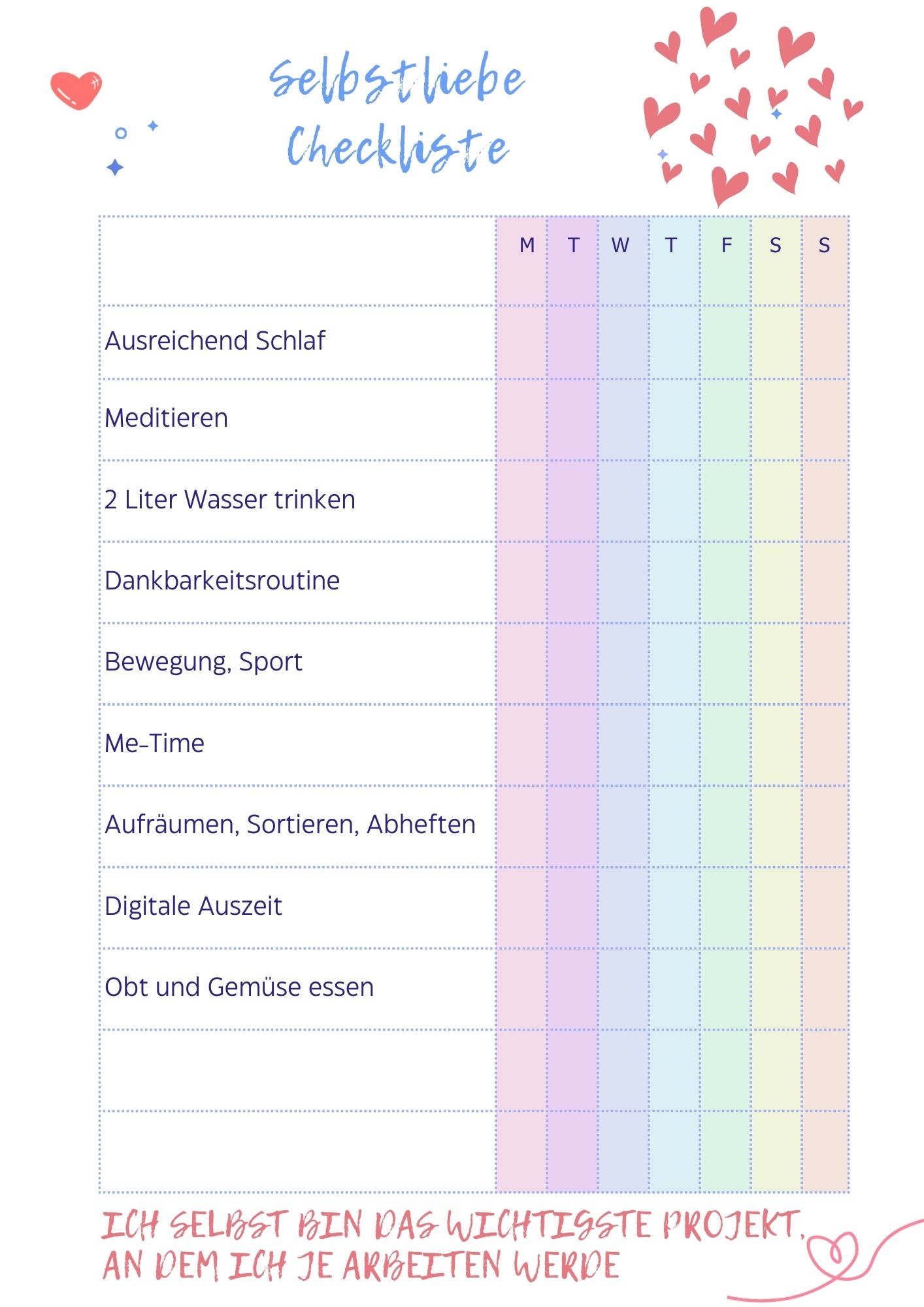Selbstliebe Checkliste für eine Woche