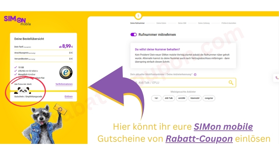 Screenshot, wo ihr den SIMon Gutscheincode einlösen könnt. Mit Pfeil und Pandabärchen.