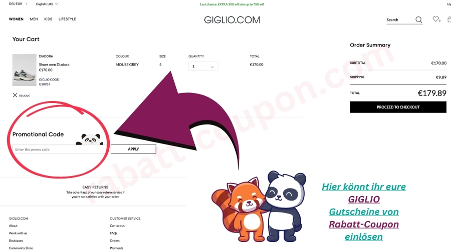 hier könnt ihr den Gutschein von Giglio einlösen, Screenshot vom Store