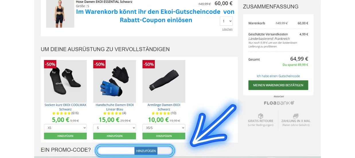 Ekoi Gutscheincode von Rabatt-Coupon einlösen im Warenkorb. So gehts Screenshot mit Panda und Pfeil.