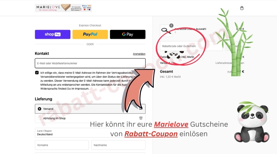 Im Warenkorb könnt ihr den Marielove-Gutscheincode von Rabatt-Coupon einlösen.
