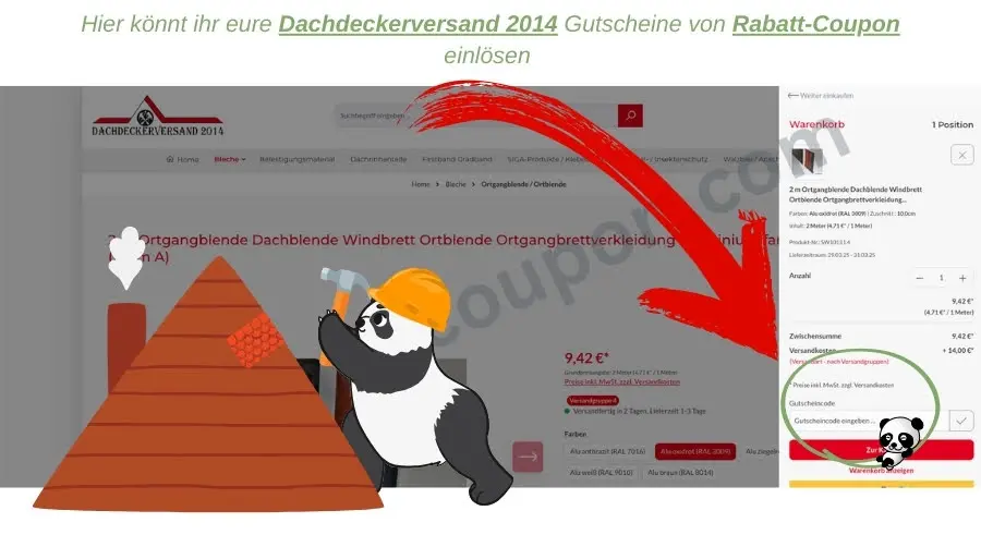 Screenshot, wo der Gutscheincode vom Dachdeckerversand 2014 eingelöst werden kann.