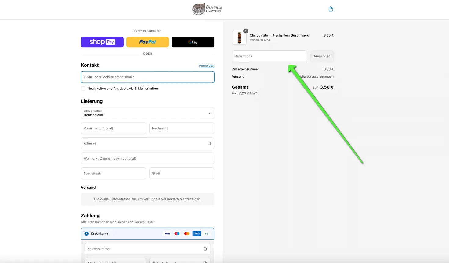 Screenshot wo ihr den Gutscheincode von der Ölmühle Garting einlösen könnt.