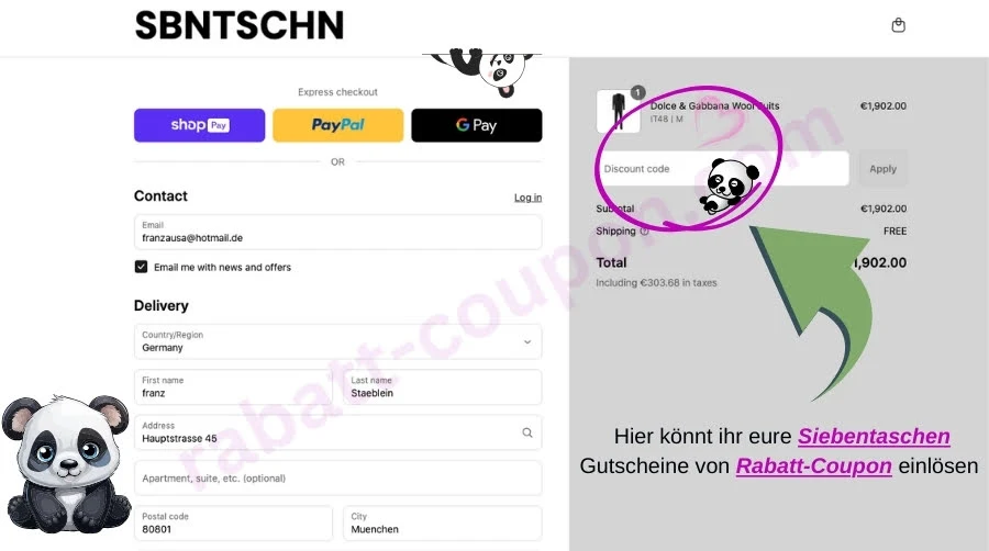 Beim Zahlungsvorgang bei Siebentaschen könnt ihr unterhalb des Produkts euren Rabatt-Coupon-Code eingeben.