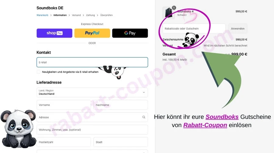 Das Bild zeigt die Checkout-Seite von **Soundboks DE**. Auf der linken Seite befindet sich ein Formular zur Eingabe von E-Mail-Adresse und Lieferadresse. Rechts oben sieht man eine Übersicht der Bestellung mit dem Gesamtpreis. Direkt darüber ist ein hervorgehobenes Feld für den Rabattcode oder Gutschein platziert – es wird durch einen grünen Pfeil und einen pinken Kreis markiert. Mehrere Panda-Grafiken lenken den Blick zusätzlich auf das Eingabefeld. Unten rechts steht der Hinweis: *„Hier könnt ihr eure Soundboks Gutscheine von Rabatt-Coupon einlösen“*. Der Markenname **Soundboks** und **Rabatt-Coupon** sind farblich hervorgehoben.