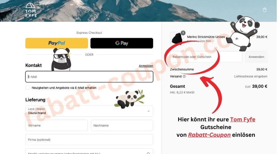 Screenshot des Tom-Fyfe-Warenkorbs: Rechts zeigt ein roter Pfeil auf das Eingabefeld „Rabattcode oder Gutschein“, links sind Kontakt- und Lieferfelder sowie Express-Checkout-Buttons für PayPal und Google Pay zu sehen; Panda-Grafiken verdeutlichen die Stelle zur Gutscheineingabe.
