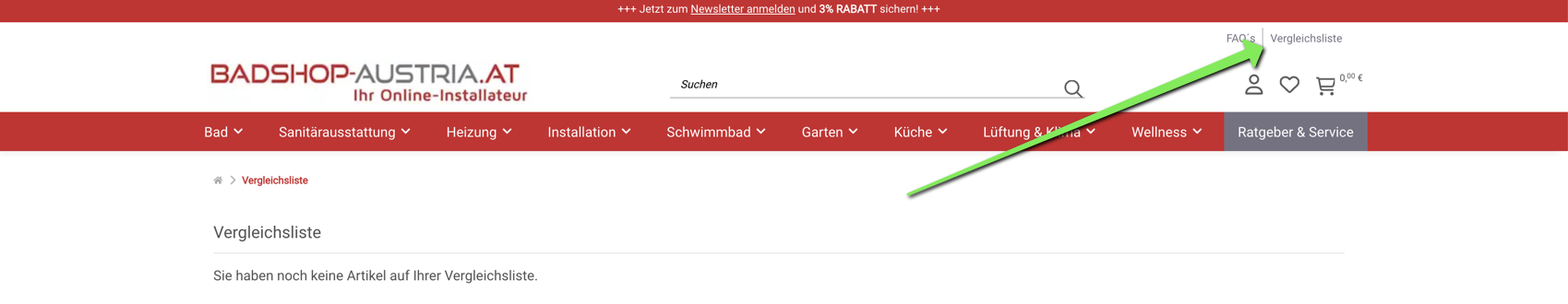 Auf dem Screenshot seht ihr, wo die Vergleichsliste bei Badshop sich befindet.