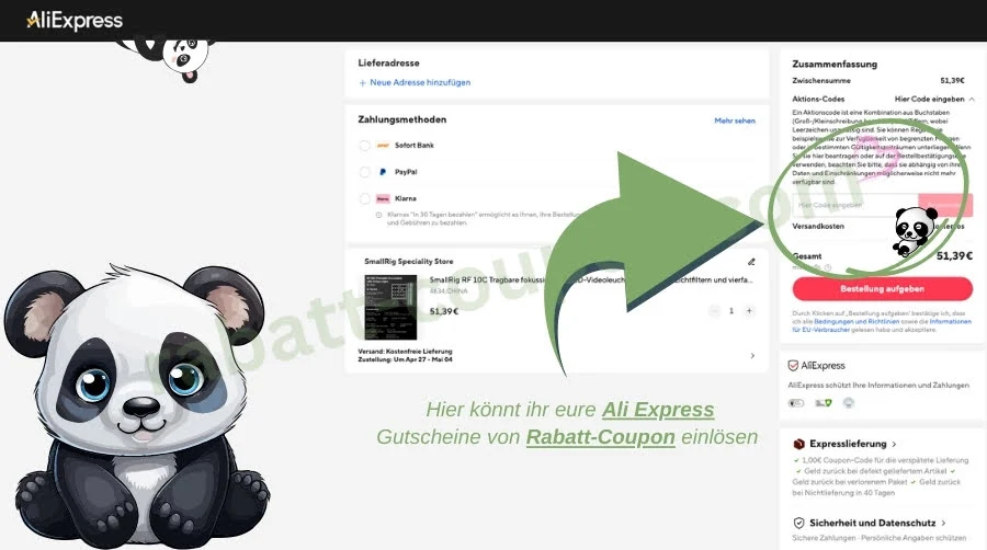 Das Bild zeigt die Bestellübersicht bei AliExpress mit einem hervorgehobenen Feld zur Eingabe eines Gutscheincodes auf der rechten Seite. Ein grüner Pfeil und ein Panda-Emoji markieren die Stelle, an der ihr eure AliExpress Gutscheine von Rabatt-Coupon einlösen könnt.
