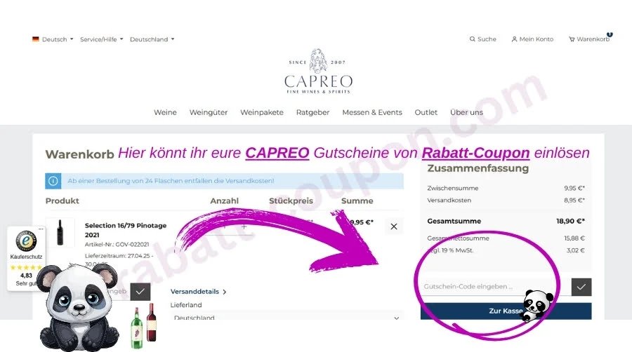 Warenkorb der Firma CAPREO; Bildliche Beschreibung, wie ihr mit Gutscheinen von Rabatt-Coupon viel Geld sparen könnt. Unten rechts das Eingabefeld für euren Gutschein-Code. 