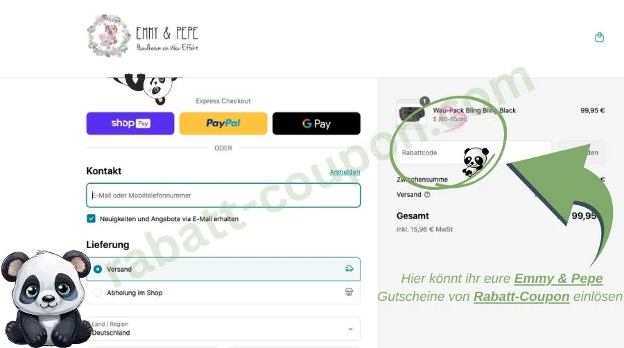 Auf dem Bild ist der Checkout-Bereich des Online-Shops Emmy & Pepe zu sehen. Rechts oben befindet sich ein Feld zur Eingabe eines Rabattcodes, das durch einen grünen Pfeil hervorgehoben ist. Unten steht in grüner Schrift, dass ihr hier eure Emmy & Pepe Gutscheine von Rabatt-Coupon einlösen könnt – daneben ist ein Panda abgebildet.
