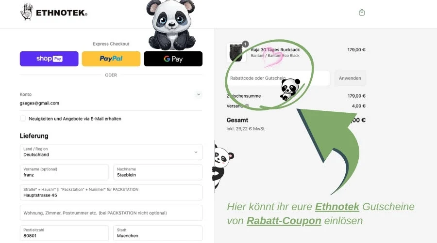 Auf dem Bild ist der Checkout-Bereich des Onlineshops **Ethnotek** zu sehen, in dem Nutzer ihre Lieferdaten eingeben und eine Zahlungsmethode wählen können. In der rechten Bildhälfte wird hervorgehoben, wo genau ein **Rabattcode oder Gutschein** eingegeben werden kann – mit einem grünen Pfeil und einem Panda als Maskottchen. Darunter steht in grüner Schrift der Hinweis: *„Hier könnt ihr eure Ethnotek Gutscheine von Rabatt-Coupon einlösen.“*