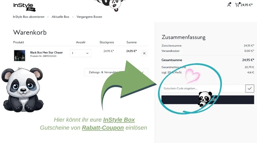 Das Bild zeigt den Warenkorb der **InStyle Box** mit einer Bestellung über 24,95 €.  
Rechts im Bereich „Zusammenfassung“ ist das Feld zur Eingabe des Gutscheincodes hervorgehoben – daneben ein Panda mit Herz.  
Darunter steht der Hinweis, dass ihr hier eure InStyle Box Gutscheine von Rabatt-Coupon einlösen könnt.