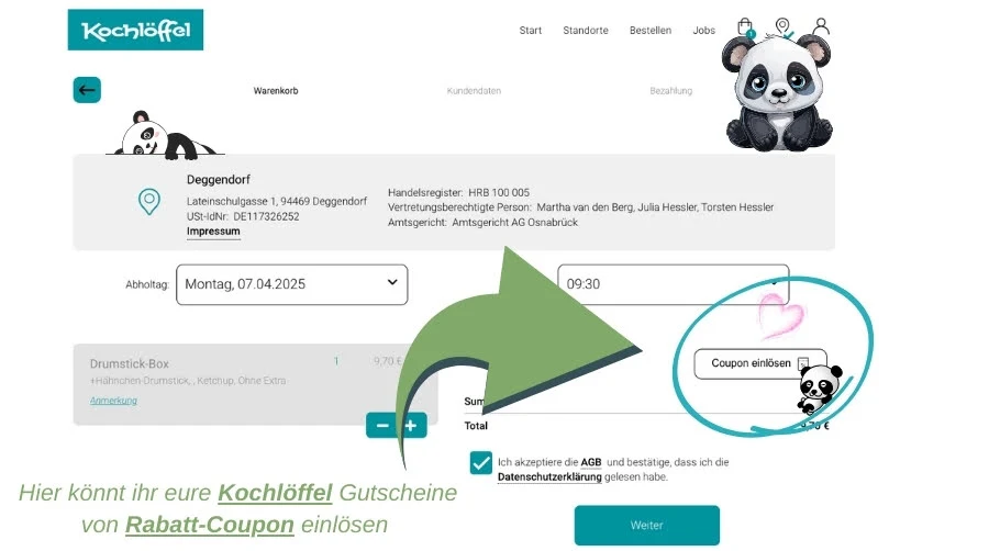 Auf dem Bild seht ihr den Bestellvorgang bei Kochlöffel, wobei der Fokus auf dem Eingabefeld für Gutscheincodes liegt. Rechts neben der Auswahl der Abholzeit findet ihr das deutlich markierte Feld „Coupon einlösen“, auf das ein großer grüner Pfeil zeigt. Genau hier gebt ihr euren Gutschein von Rabatt-Coupon ein, bevor ihr den Bestellvorgang fortsetzt.