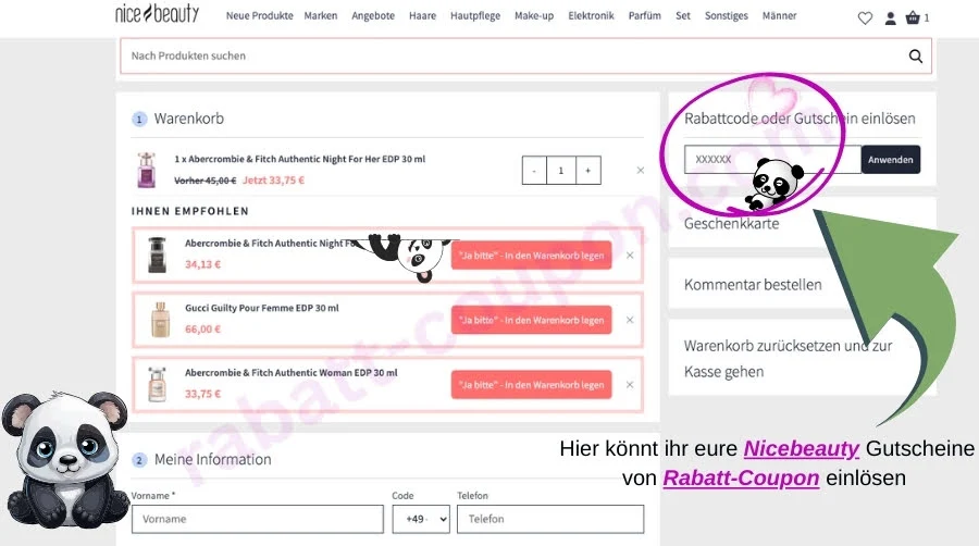 Das Bild zeigt den Warenkorb bei Nicebeauty. Rechts oben befindet sich ein Feld mit der Aufschrift **„Rabattcode oder Gutschein einlösen“**, in das der Code eingegeben werden kann – direkt daneben steht der Button **„Anwenden“**. Ein grüner Pfeil und ein farbiger Kreis heben diesen Bereich deutlich hervor.