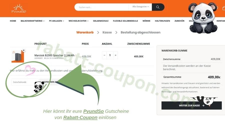 Das Bild zeigt den Warenkorb von PvundSo mit einem Speicherprodukt für 409,00 €. Ein grüner Pfeil weist auf das Feld „Gutscheincode“ hin, in das ihr euren PvundSo Gutschein von Rabatt-Coupon eingeben könnt, um zu sparen.